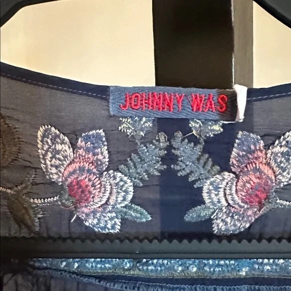 Johnny Was TALON Navy Floral Embroidered Tassel Blouse Size L - Picture 2 of 5